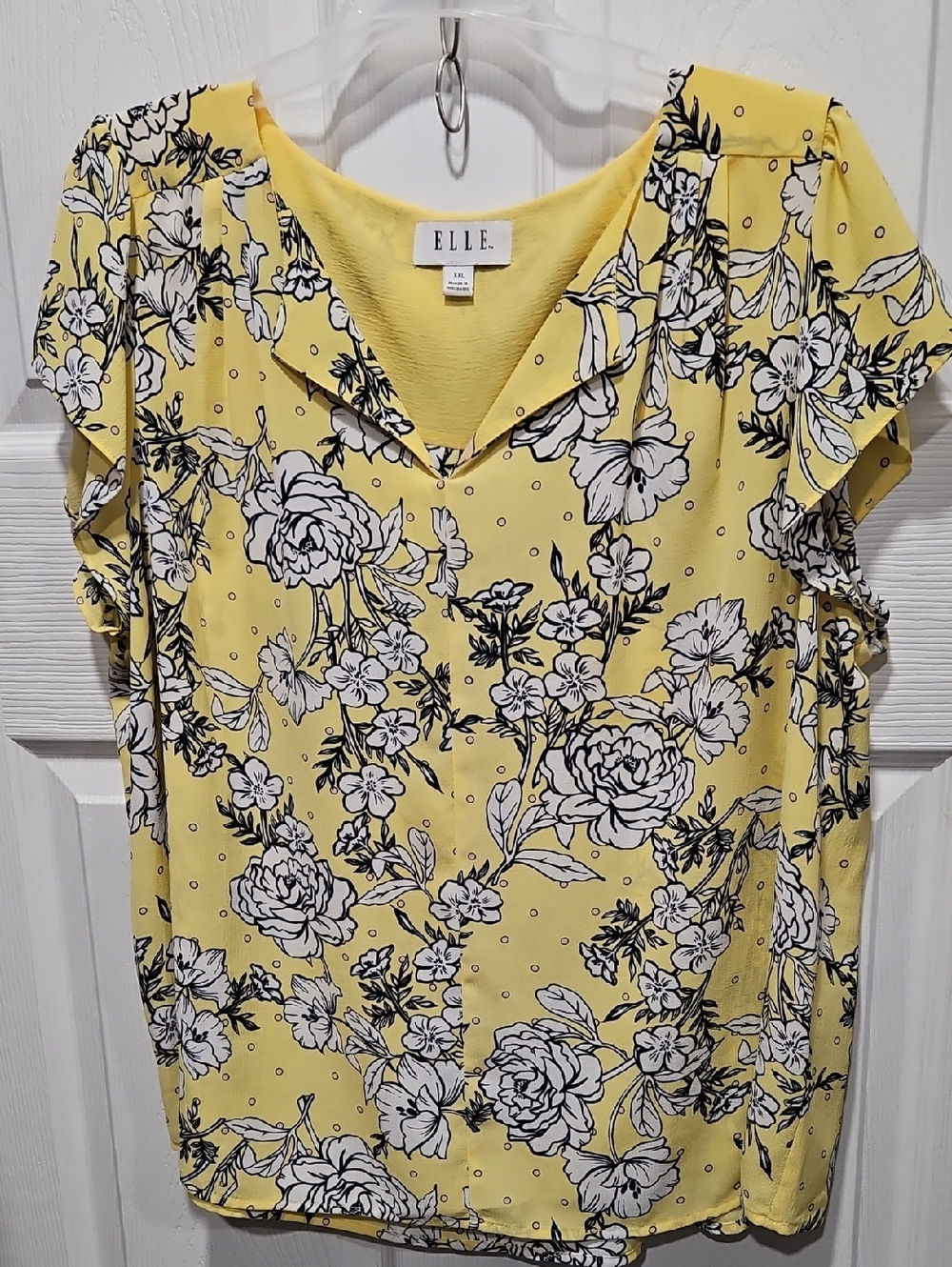 ELLE Yellow Floral V-Neck Short Sleeve Blouse